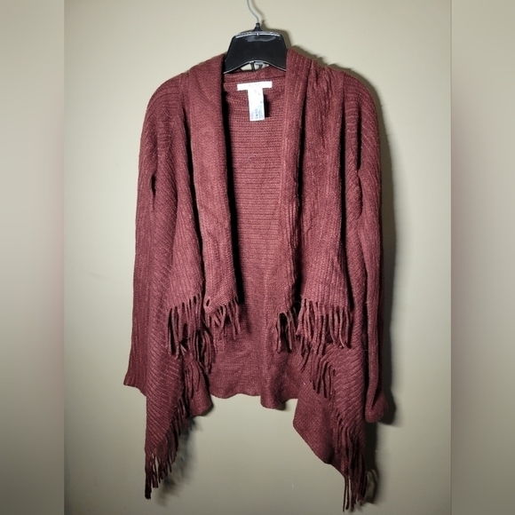 SUNG Alfred Sung xs fringed button up wrap style sweater burgundy boho - Picture 6 of 9